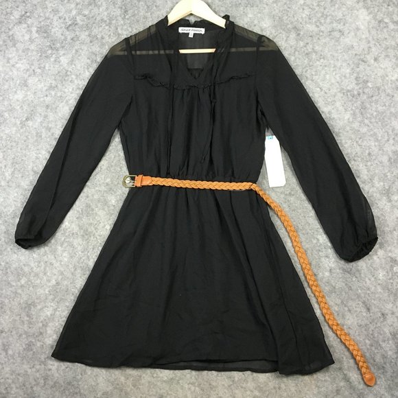 Almost Famous Dress S Long Sleeve Black Chiffon Belted A Line V Neck Casual - Picture 1 of 16